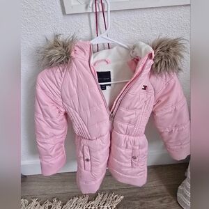 Tommy Hilfiger Light Pink Puffer Jacket with Faux Fur Trim